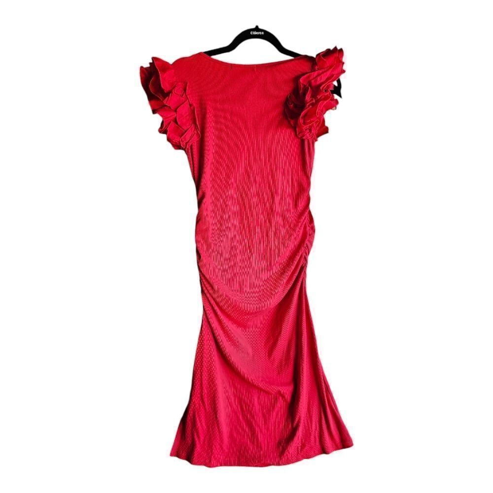 BOSTON PROPER Ruffle Knit Rib Ruched Dress Racing Red - Size Medium - Picture 3 of 9
